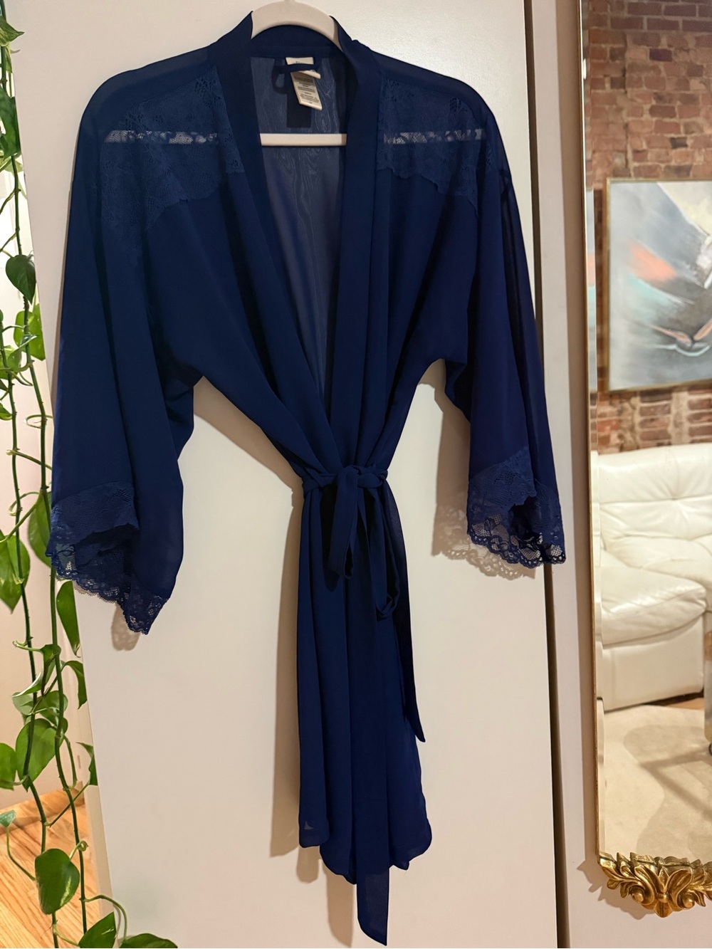In Bloom Navy Lace-Trim Wrap Robe with Tie